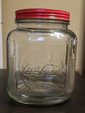 Coca Cola Clear Glass Cookie Jar with Red Lid